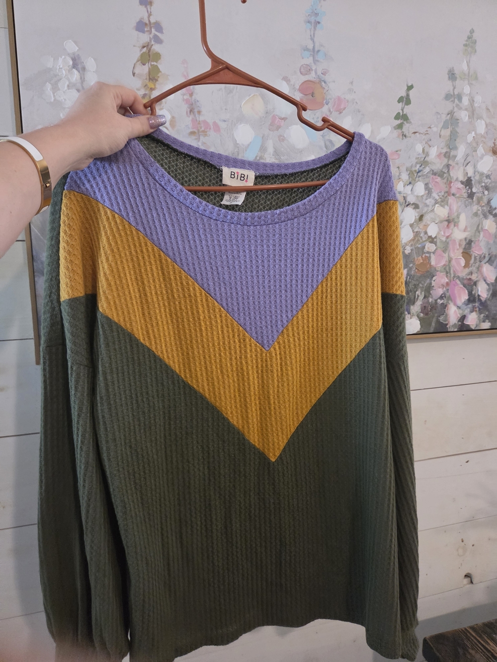 BiBi Chevron Colorblock Crew Neck Sweater - Lavender, Mustard & Olive